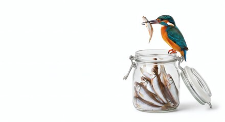 Common kingfisher holding small fish in beak while standing on glass jar filled with fish on a white background. Studio wildlife photography isolated white. Fishing behavior and bird feeding concept