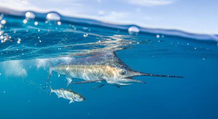 Underwater split-level view of marlin fish hunting fish just below ocean surface. Marine predator and prey interaction in open sea environment. Pelagic wildlife behavior and ocean ecosystem concept