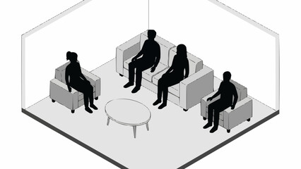 Four people sitting on chairs in a room, isometric view.