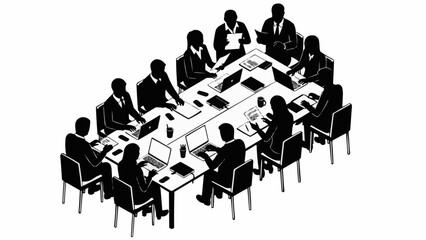 Business people meeting around a conference table in an office setting.
