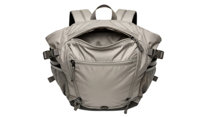 Light Gray Backpack with Multiple Compartments and Mesh Pockets on White Background
