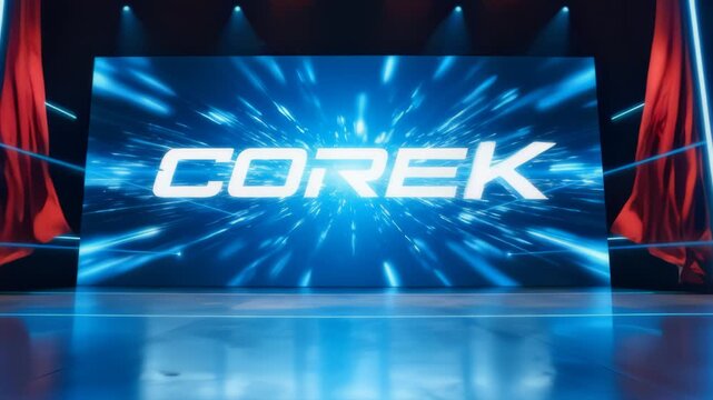 Red Curtains Open Revealing Stage Screen and Corek Text Reveal