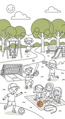 Fototapeta premium Children engage in various recreational activities and sports across a sunny park landscape