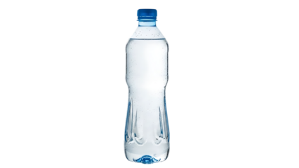 Clear Plastic Water Bottle with Blue Cap Standing on White Surface in Bright Studio