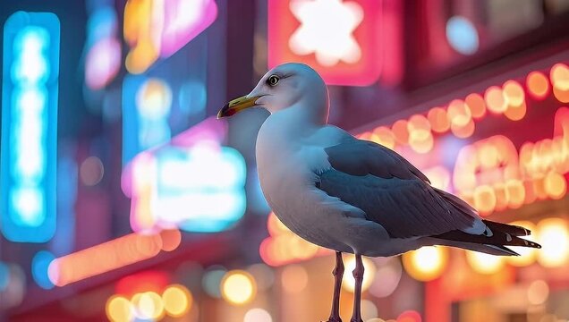 A serene seagull perched amidst the captivating neon glow of an urban nightscape
