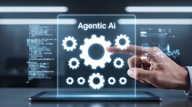 Hand touching AI technology screen showing agentic gears.