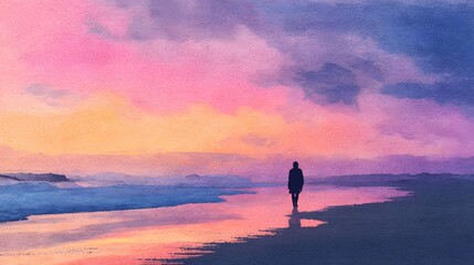 Solitary Figure Walks Along a Beach at Sunset.