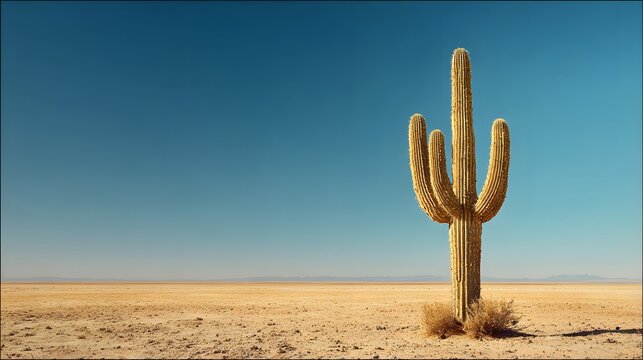Solitary Saguaro Cactus Stands Tall in Vast Arid Desert Landscape Under Clear Blue Sky.