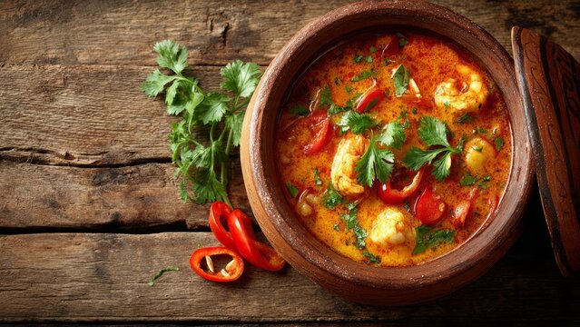 A clay pot containing moqueca, muqueca, or poqueca, a fish stew typical of Brazilian cuisine.