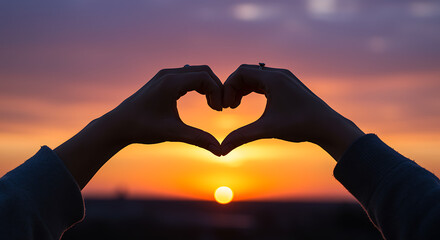 Heart shape formed by hands against sunset background