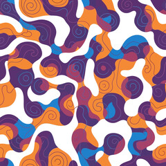 Abstract swirling pattern with vibrant orange purple and blue shapes on white