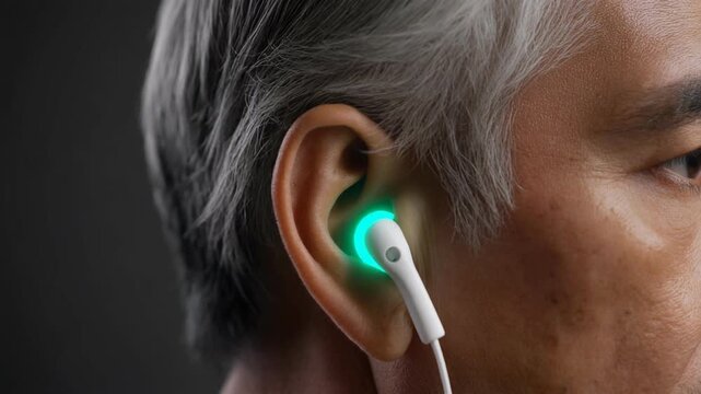 Close-up of an older person's ear with a glowing green earbud inserted.