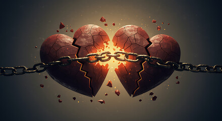 Broken heart chained and shattered into pieces