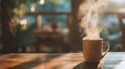 Steaming Hot Coffee Cup on a Wooden Table with Soft Morning Light.