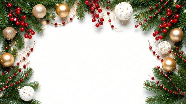 A Christmas border of fir branches with red berries and ornaments.