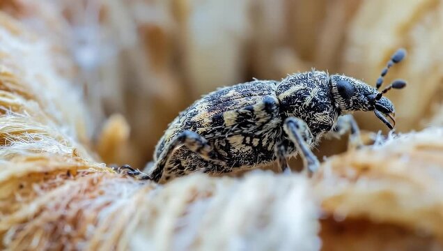 Broad-nosed Weevil Walking on Textured Surface in Macro Close-up, Slow Motion, 4K