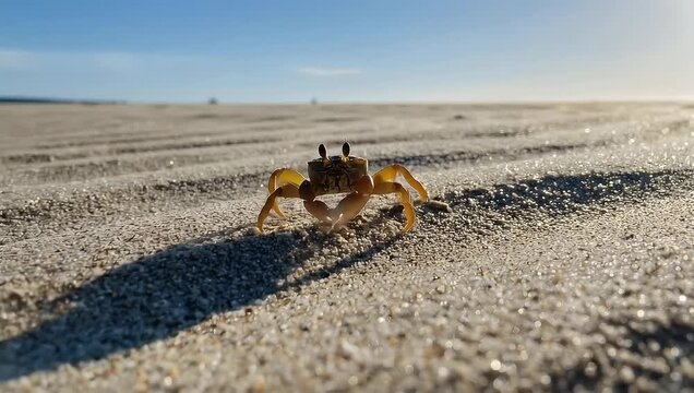 Tiny Ghost Crab on Sun-Kissed Sandy Beach with Ripples and Long Shadow, Bright Blue Sky Background, 4K