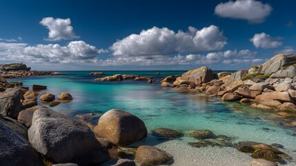 Stunning Turquoise Waters and Rocky Coastline Under a Blue Sky.