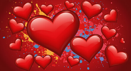 Collection of red hearts on colorful background