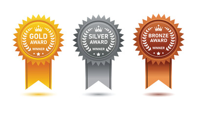 Three distinct award ribbons representing gold, silver, and bronze achievements