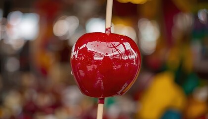 Candid photo of a shiny red candy apple on a wooden stick at a fair