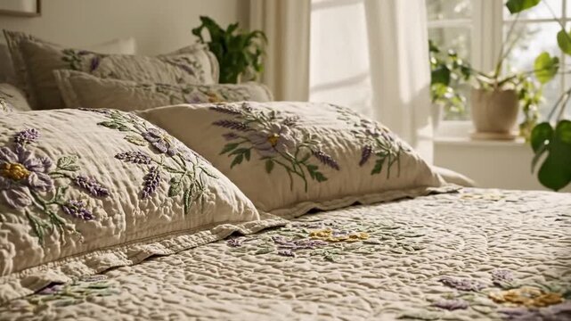 P121-Elegant bedding set featuring embroidered floral patterns on soft quilt and pillows arranged neatly 4K 10s