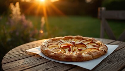 Candid outdoor photo of an apple galette on a rustic garden table at sunset