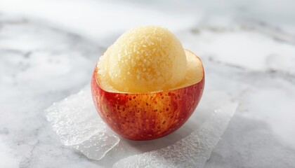 Realistic image of an apple sorbet served in a hollowed out frozen apple shell