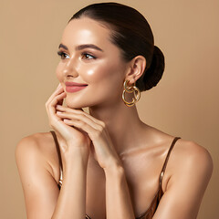 Beauty portrait of a smiling young woman with glowing skin and gold earrings posing against a beige background
