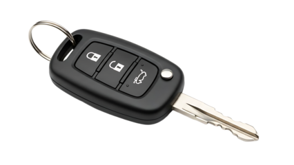 Car Key Fob with Remote Buttons and Metal Key on White Background