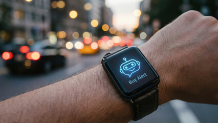 Smartwatch ai collaborative investment buy alert robot notification street night urban wrist hand technology gadget wearable screen glow blur city