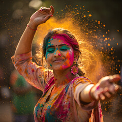 Joyful Young Indian Woman Celebrating Holi Festival Covered in Vibrant Colorful Powder
