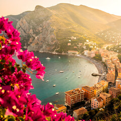 Scenic view of the Amalfi Coast in Italy with pink bougainvillea flowers and boats at sunset
