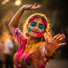Joyful Young Indian Woman Celebrating Holi Festival Covered in Vibrant Colorful Powder
