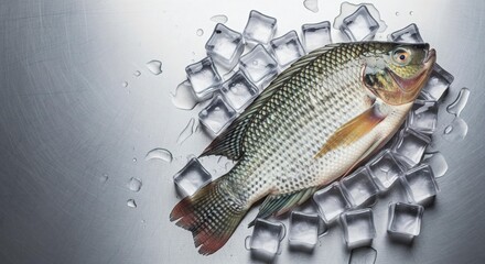 Whole raw tilapia fish placed on ice cubes on brushed metal surface. Studio food photography. Fresh freshwater seafood and fish market concept for design