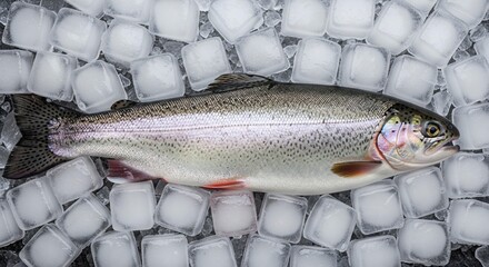Whole raw trout fish placed on ice cubes on white wet surface. Studio food photography. Fresh seafood and fish market concept