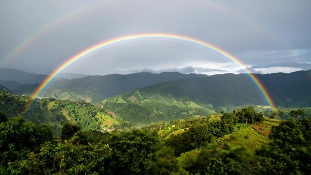 A breathtaking double rainbow graces a verdant mountainous landscape under a dramatic sky after a refreshing rain.