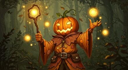 Fototapeta premium Smiling Pumpkin Wizard Casting Magic in Autumn Forest
