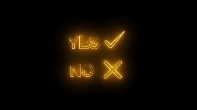 Glowing neon YES and NO text with checkmark and cross symbols on black background.