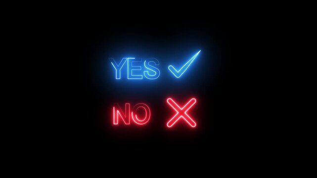 Glowing neon YES and NO text with checkmark and cross symbols on black background.