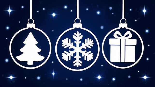 Christmas ornaments with tree, snowflake, gift on a starry background.