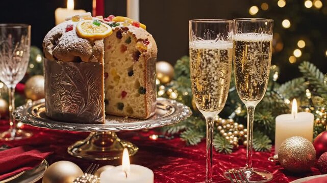 P73-traditional Italian Christmas bread Panettone cake with sparkling wine or champagne in elegant glass 4K 10s