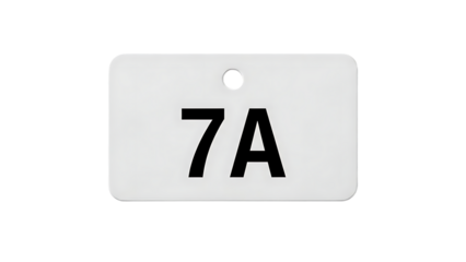 White Plastic Tag with Black Lettering and Number on Plain Background