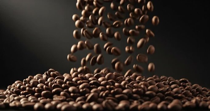Falling coffee beans create an enticing scene against a dark background, showcasing freshness