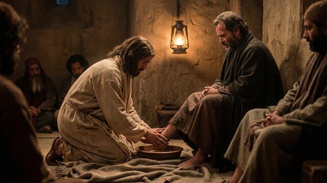 Religious Scene: Jesus Washes Another's Feet in Humble Indoor Setting