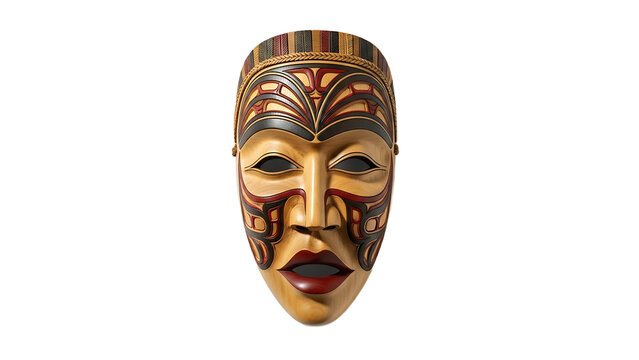 Traditional Indigenous Mask with Intricate Patterns and Rich Colors on White Background