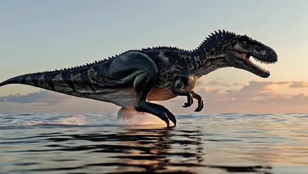 Giganotosaurus Running in Water at Sunset, Powerful Prehistoric Dinosaur Splashing in Slow Motion 4K, Ancient Predator Emerges from Ocean Waves During Golden Hour