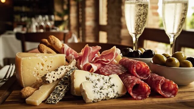 P94-Italian food antipasti prosciutto ham salami olives and grissini bread sticks. cheese on a board p 4K 10s