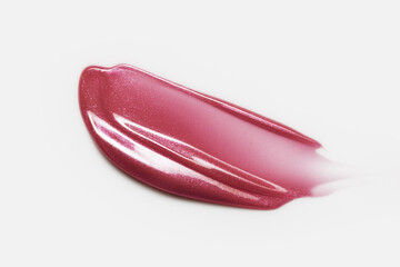 Lip gloss texture. Liquid lipstick smudge swatch smear. Shimmery creamy makeup stroke isolated on white background