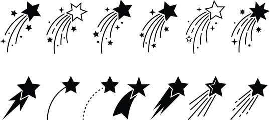 Shooting star icons set, falling stars and comet trails, minimal black silhouette symbols for magic night sky illustration design © MdAnoar